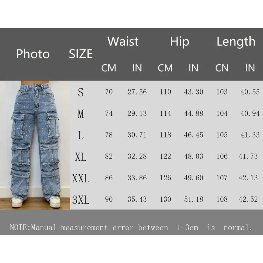 Women's Rhinestone Cargo Jeans High Waist Baggy Wide Leg Denim Pants - Picture 6 of 6